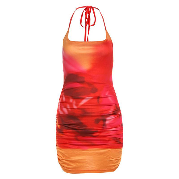 U neck halter tie dye ruched backless mini dress