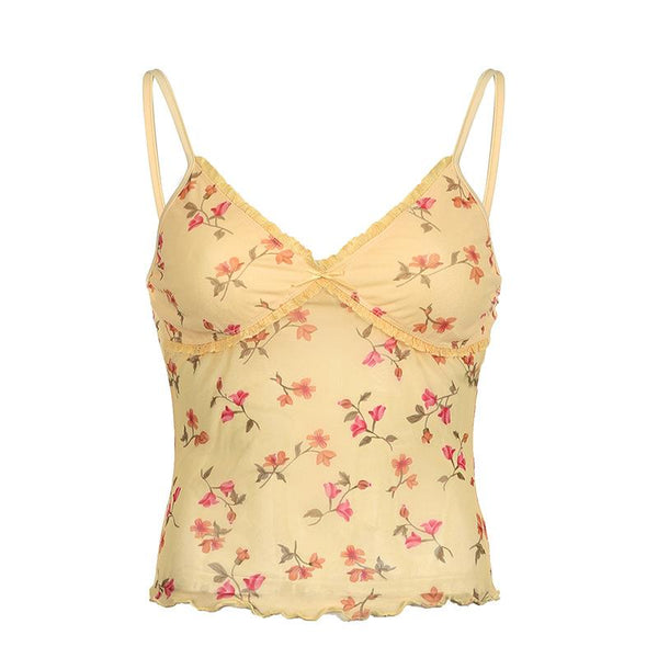 V neck lace hem flower print mesh ruffle cami top