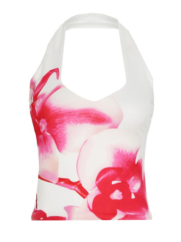 Halter flower print backless top