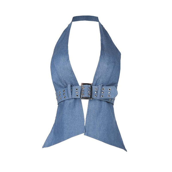 Halter deep v neck denim buckle backless top