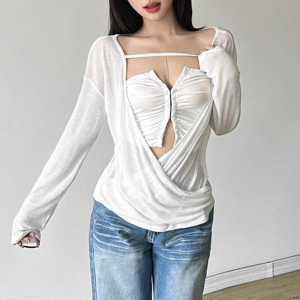 Long sleeve ruched button hollow out 2 piece top