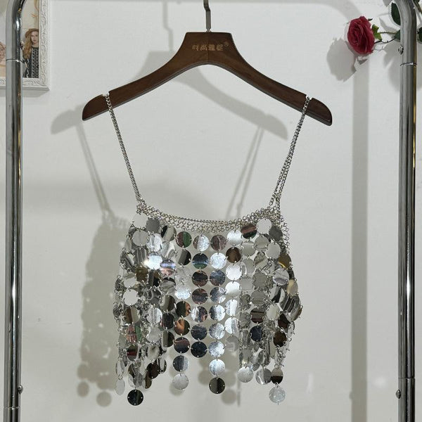 Glitter metal chain hollow out square neck cami top