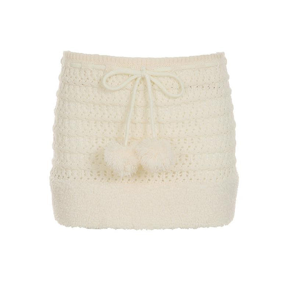 Hollow out drawstring fluffy self tie solid mini skirt