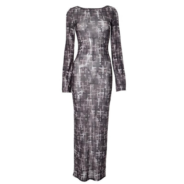 Long sleeve cross print sheer mesh backless maxi dress