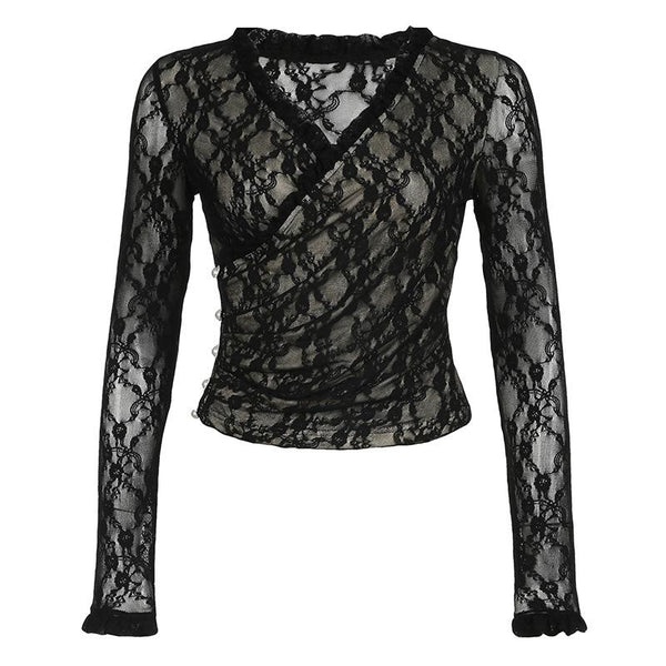 Long sleeve v neck lace button top