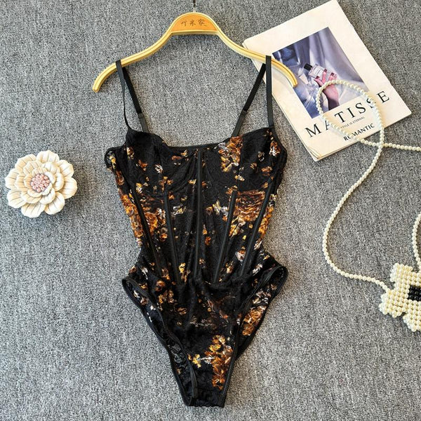 Lace flower print corset cami bodysuit