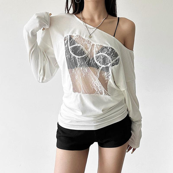 Irregular long sleeve lace see through solid top