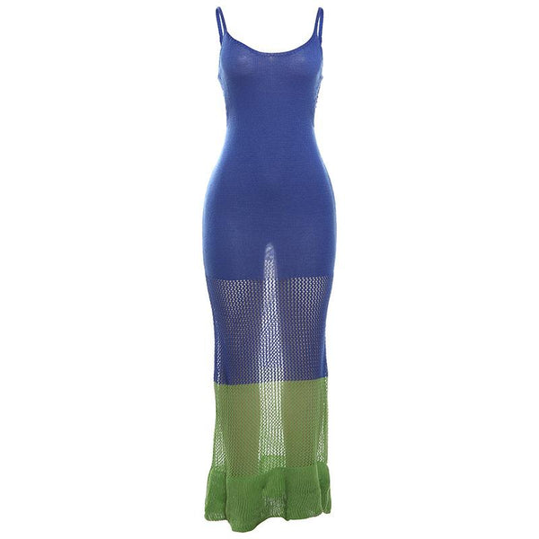 U neck knitted hollow out see through cami maxi dress