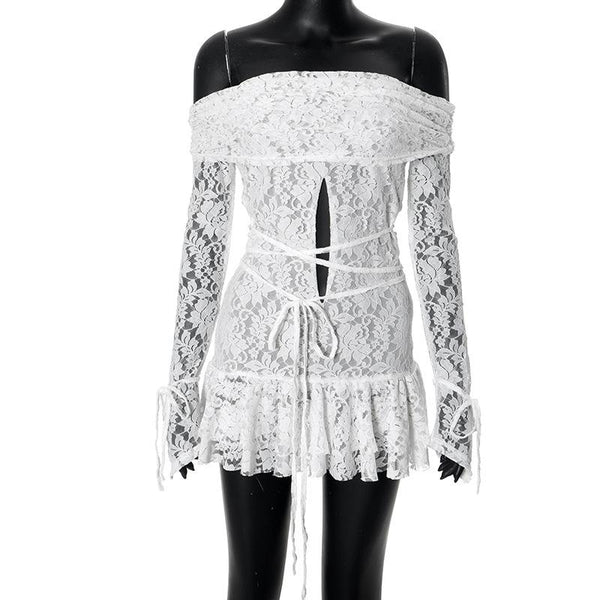 Long sleeve off shoulder lace self tie hollow out mini dress