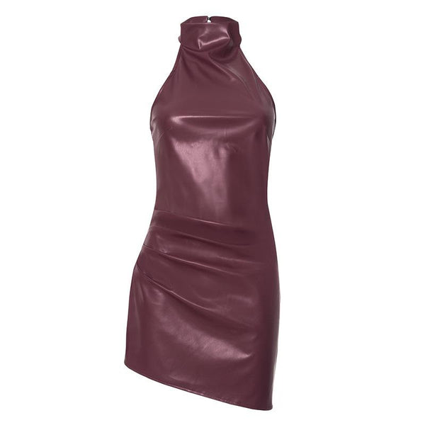 PU leather halter ruched button mini dress