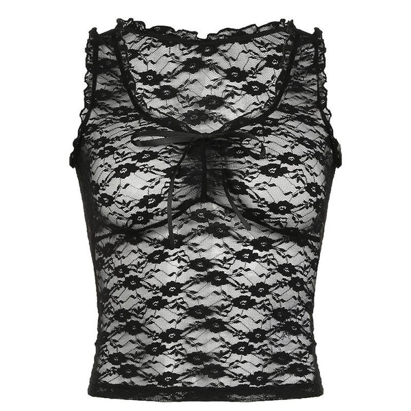 U neck ruffle lace bowknot see through crop top