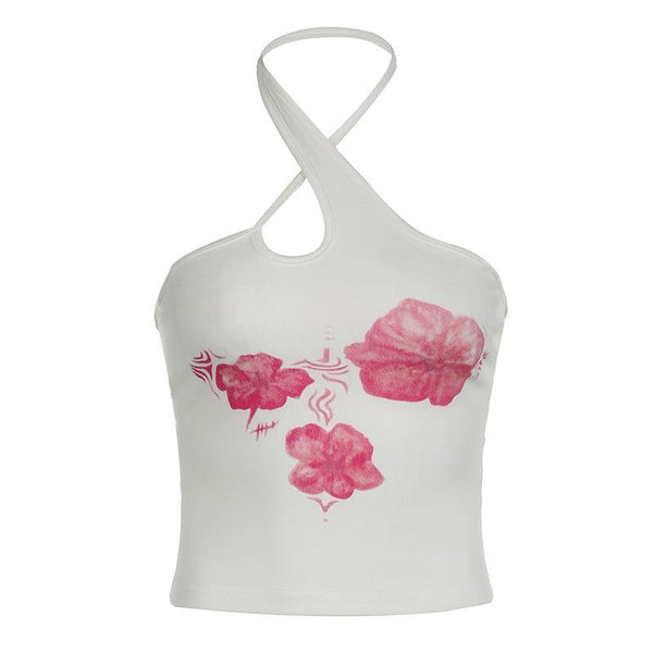 Halter hollow out flower print backless top