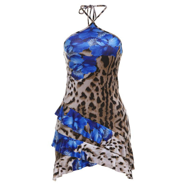 Halter leopard print ruffle backless mini dress