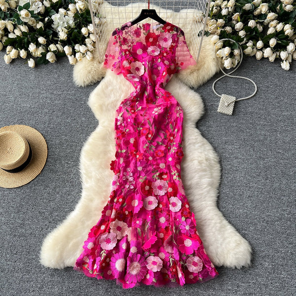 Crewneck short sleeve flower embroidery zip-up maxi dress