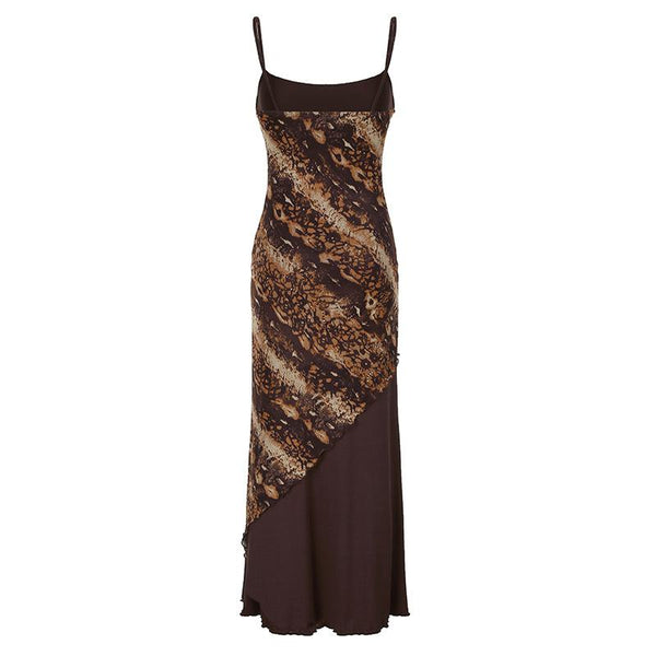 U neck print mesh backless cami maxi dress