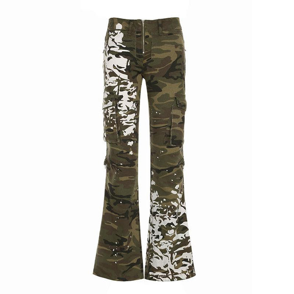 Camouflage zip-up pocket medium rise jeans