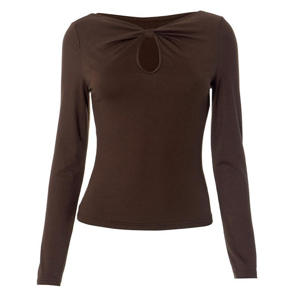 Knotted hollow out long sleeve v neck ruched top