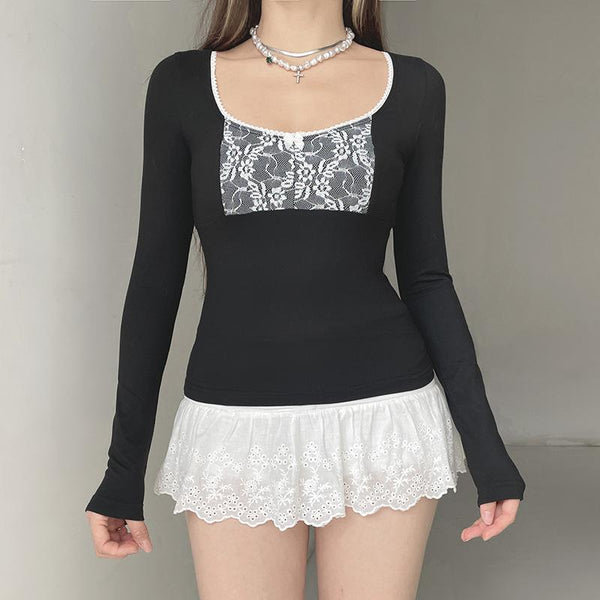 Long sleeve lace hem bowknot round neck top