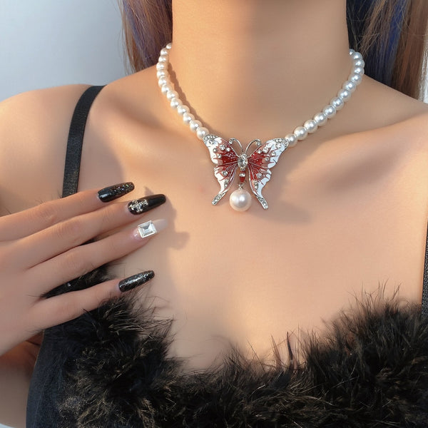 Butterfly decor faux pearl rhinestone choker necklace