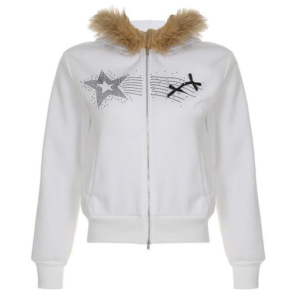 Zip-up beaded fluffy hoodie bowknot long sleeve top