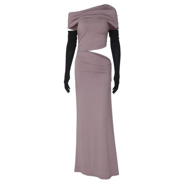 One shoulder gloves ruched hollow out maxi dress