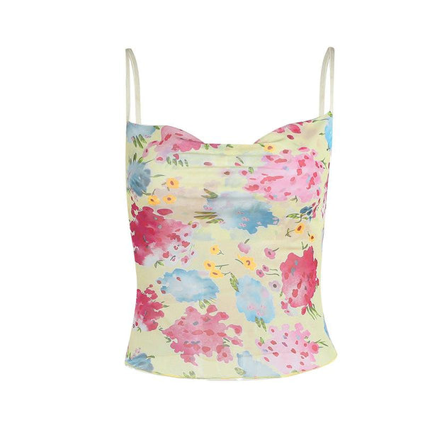 Cowl neck flower print sheer mesh cami top