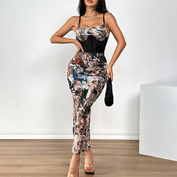 Ruched character print corset square neck cami maxi dress