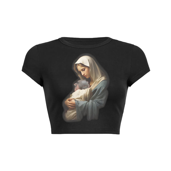 Serene Madonna Moo Deng Crop Top Baby Tee