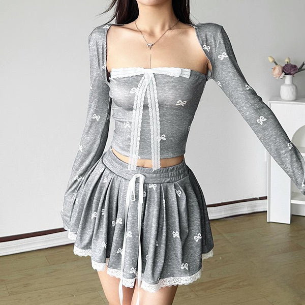 Drawstring lace hem bowknot print A line mini skirt