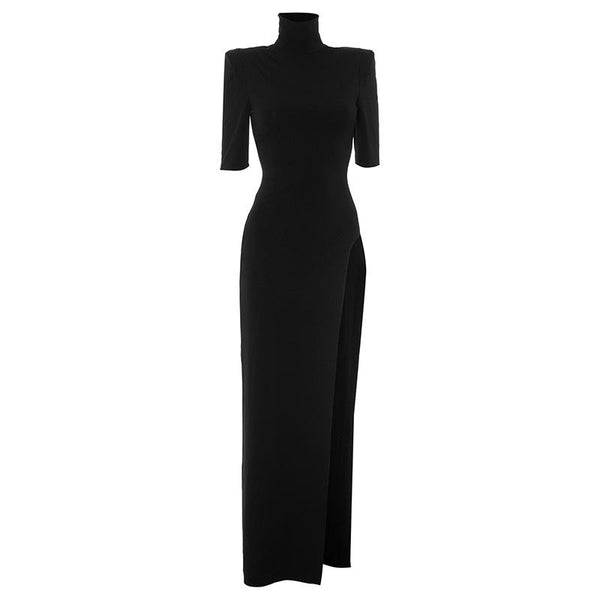 Short sleeve high neck high slit maxi dress