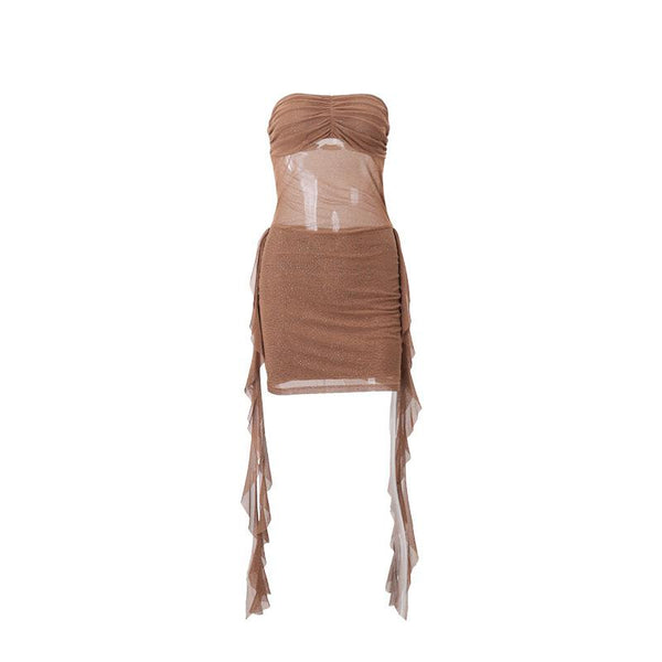 Ruched mesh beaded ruffle tube mini dress