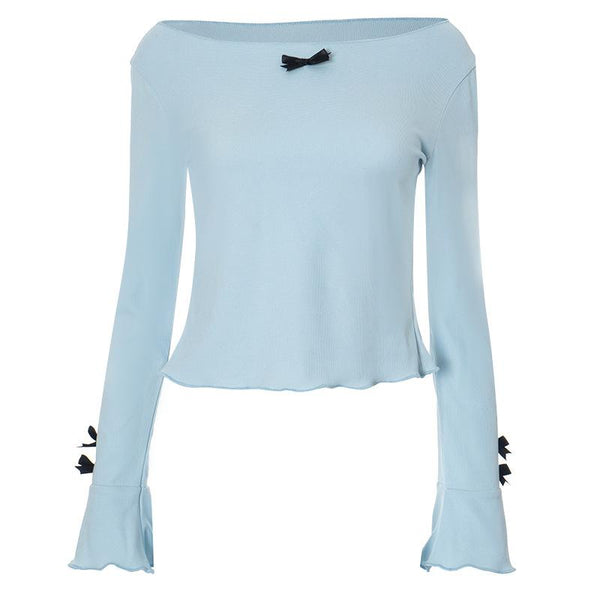 Long flared sleeve round neck bowknot textured top