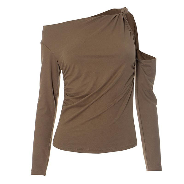 Hollow out long sleeve ruched one shoulder knotted top