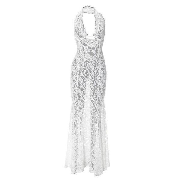 Halter hollow out lace see through maxi dress