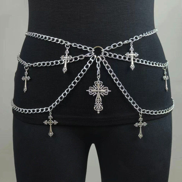 Metal chain cross decor o ring waist chain