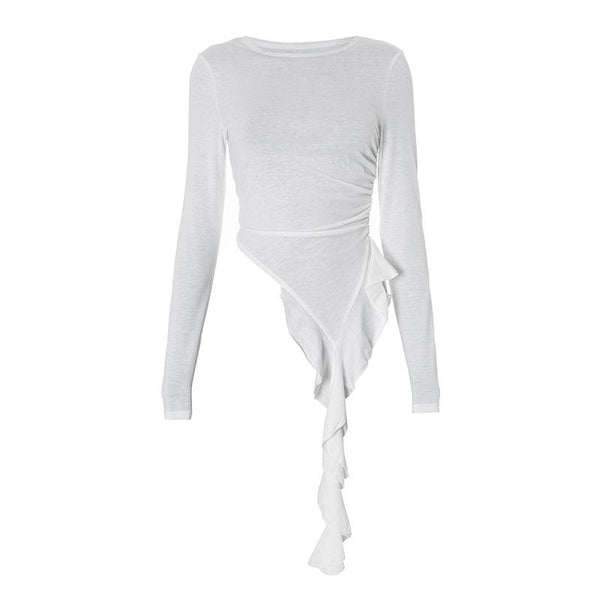 Long sleeve ruched irregular ruffle crewneck top