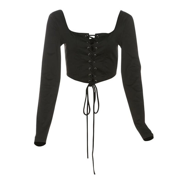 Long sleeve lace up square neck solid crop top