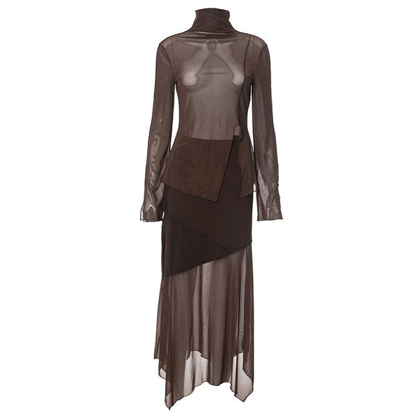 High neck long sleeve mesh slit midi skirt set