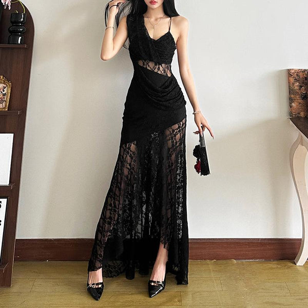 Irregular lace ruched solid cami maxi dress