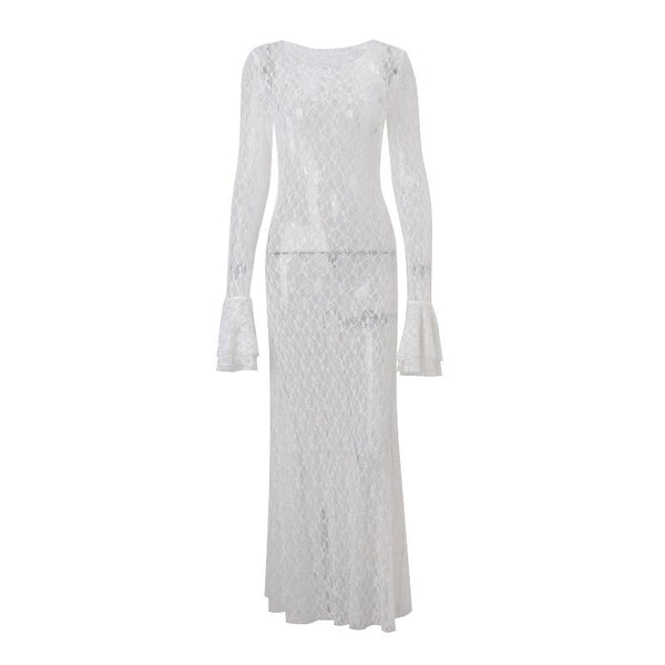 Long flared sleeve lace see through maxi dress