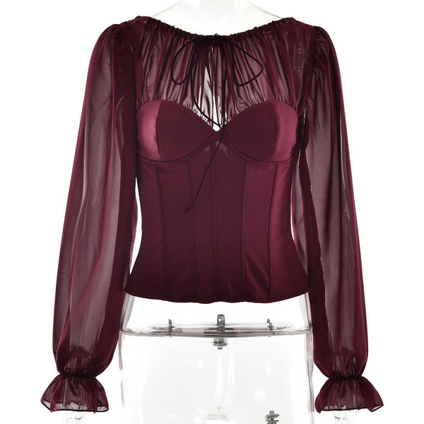 Long sleeve chiffon patchwork corset zip-up top