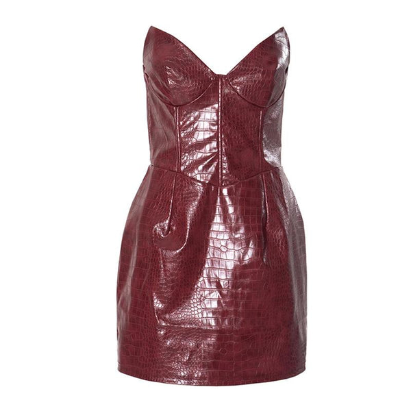 Zip-up PU leather sweetheart neck tube mini dress