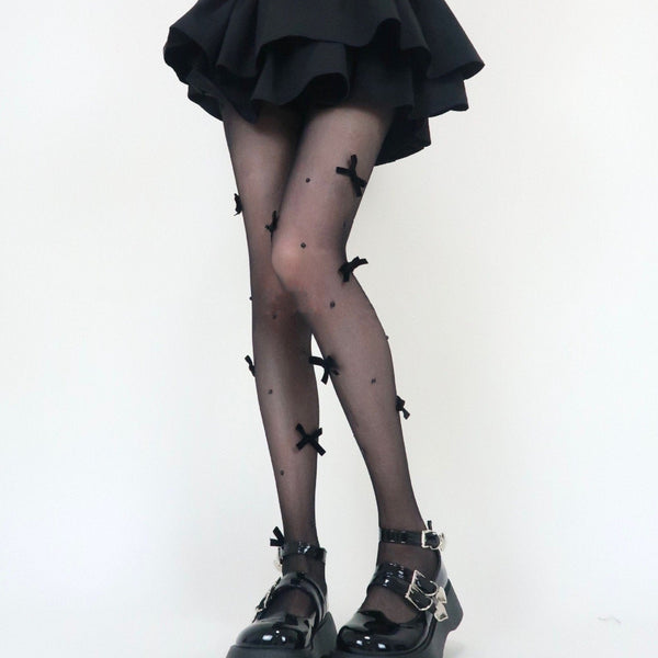 Sheer mesh faux pearl bowknot tights