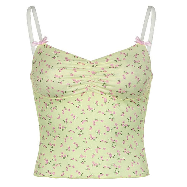 Bowknot flower print ruched ruffle cami top