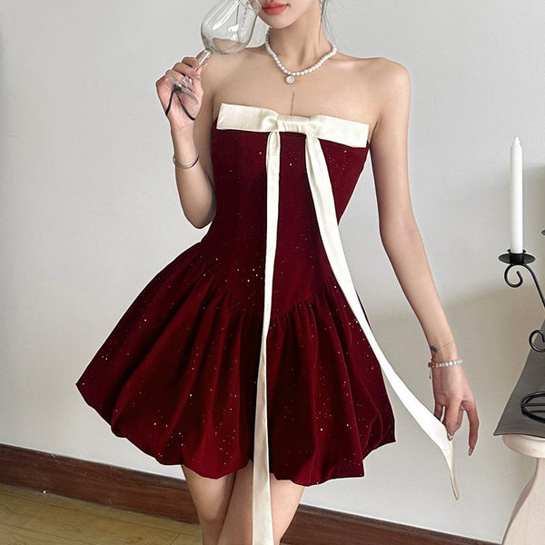 Bowknot smocked ruched backless tube mini dress