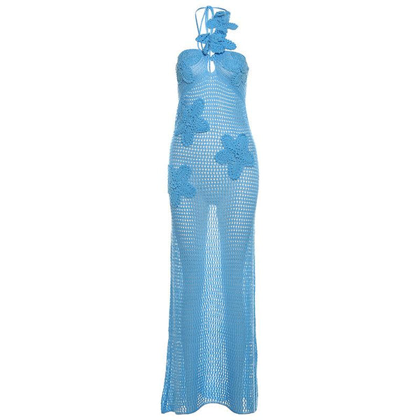 Halter knitted flower pattern see through maxi dress