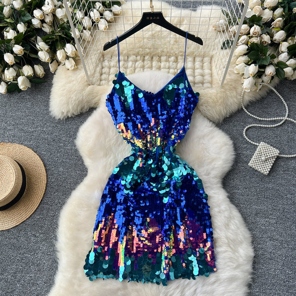 Glitter v neck spaghetti strap zip-up backless mini dress