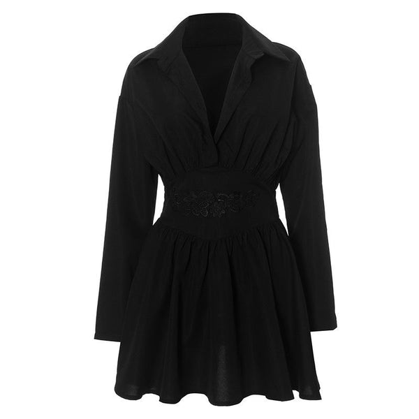 Zip-up long sleeve turnover collar embroidery mini dress