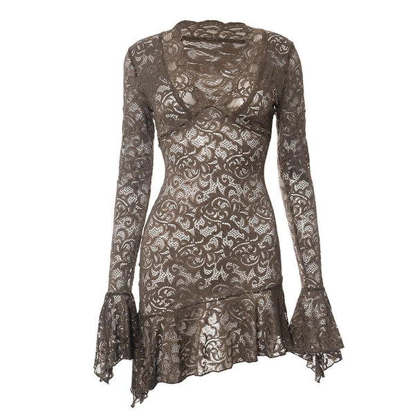 Long flared sleeve lace ruffle see through mini dress