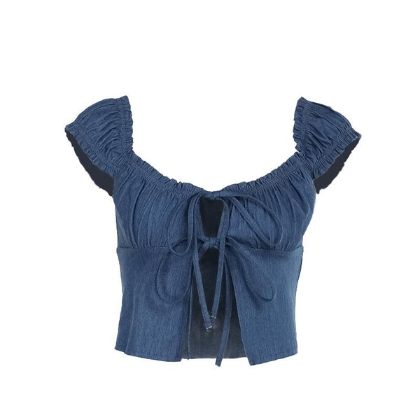 Cap sleeve denim ruched bowknot crop top